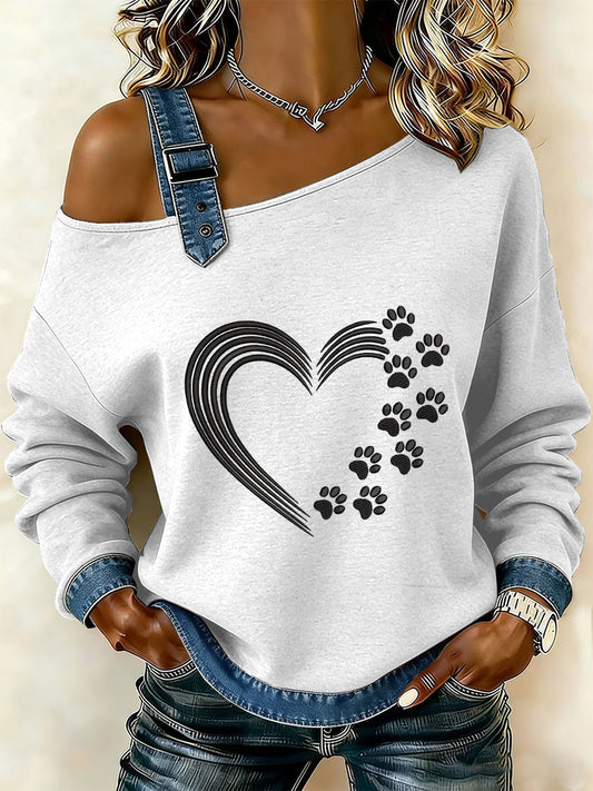 Coração Vintage Patchwork impressão Casual Off-ombro moletom feminino