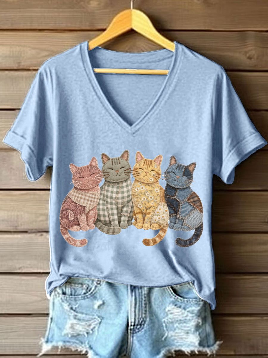 Adorável gatos Patchwork padrão v-Neck t-shirt das mulheres