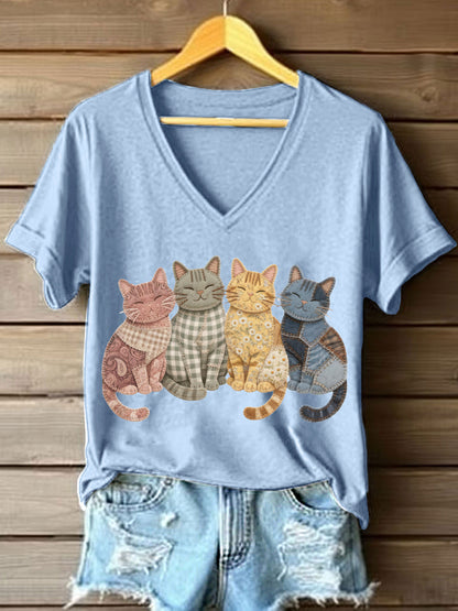 Adorável gatos Patchwork padrão v-Neck t-shirt das mulheres