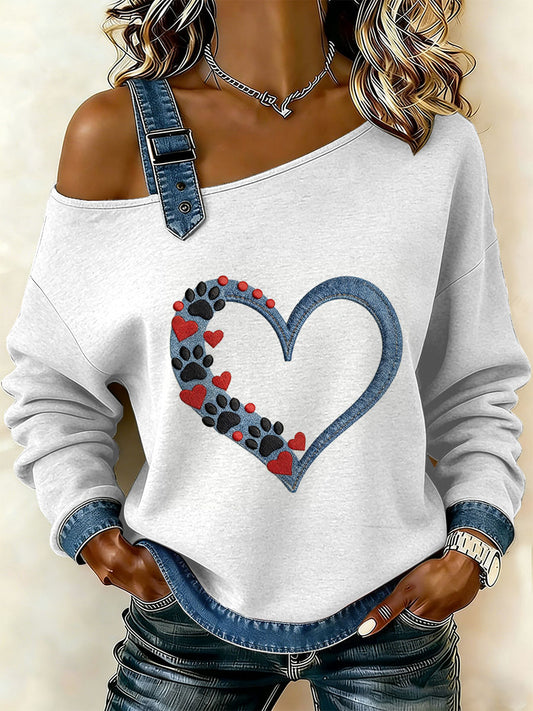 Coração Vintage Patchwork impressão Casual Off-ombro moletom feminino