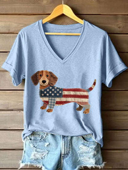 Adorável Dachshund Patchwork Padrão v-Neck t-shirt do mulheres