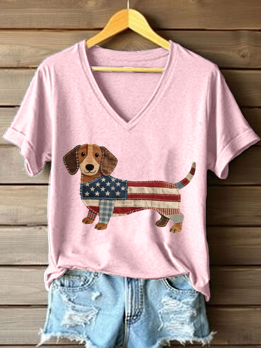 Adorável Dachshund Patchwork Padrão v-Neck t-shirt do mulheres