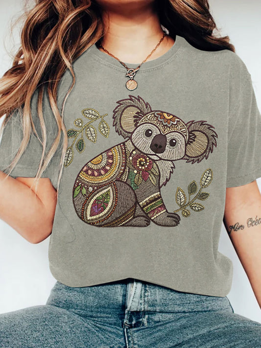 Camiseta Casual Koala Print das mulheres