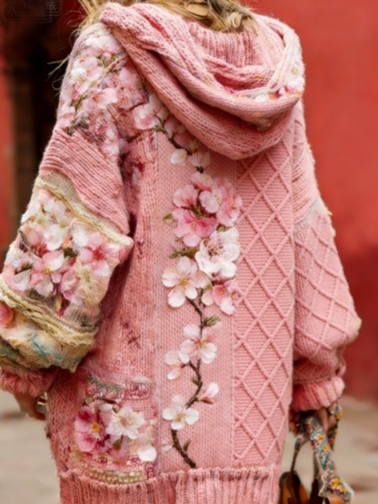 Consciência do câncer de mama feminino Floral botão Cardigan camisola com capuz