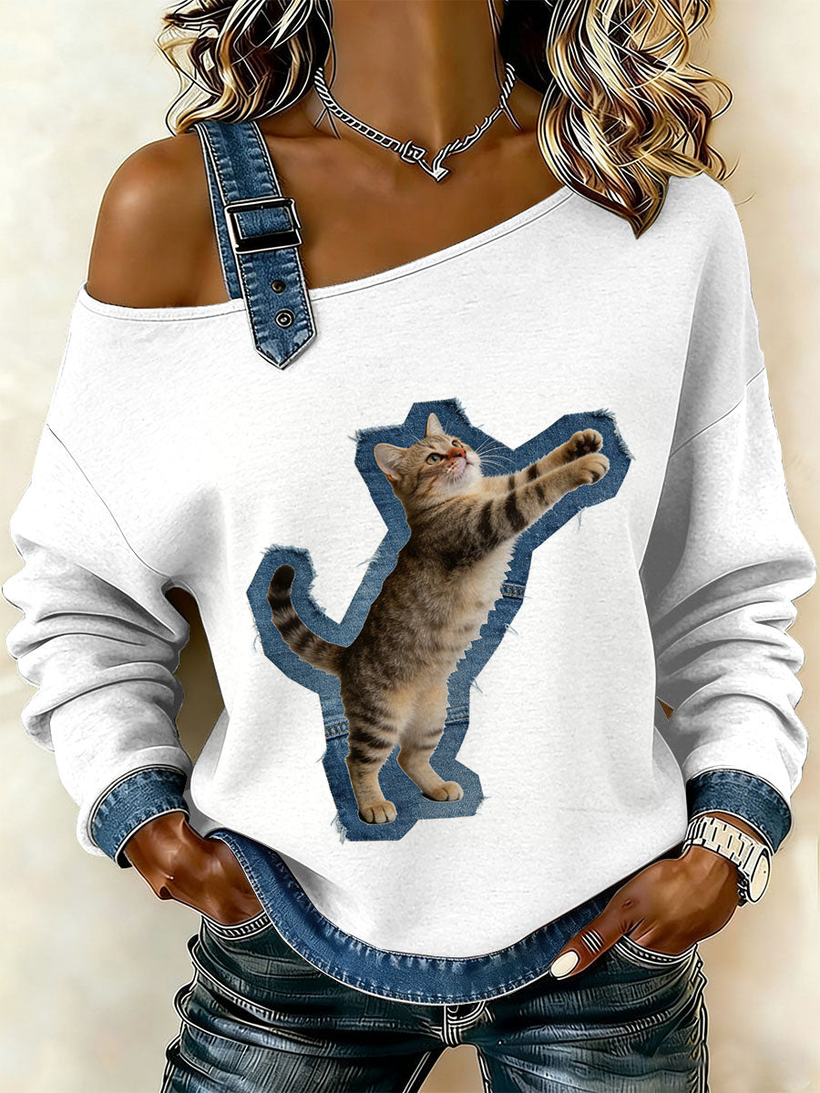Gato Vintage Patchwork impressão Casual Off-ombro moletom feminino