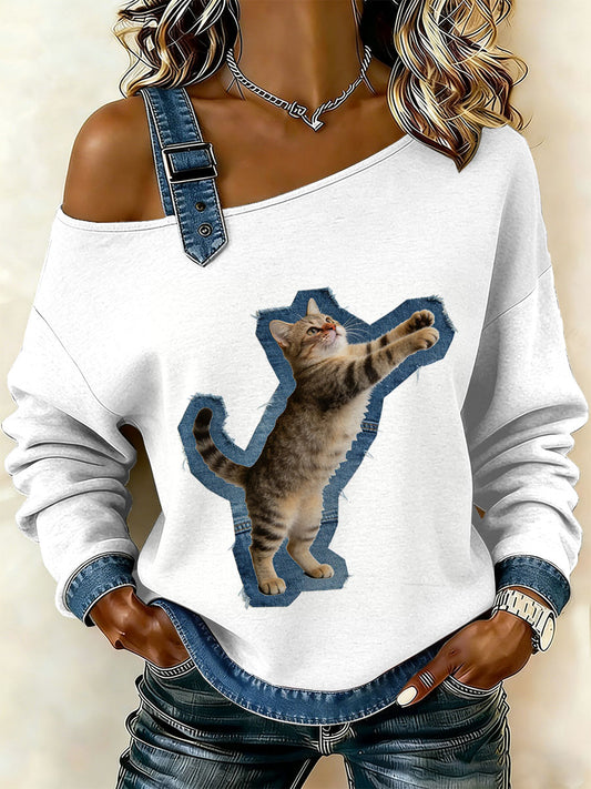 Gato Vintage Patchwork impressão Casual Off-ombro moletom feminino