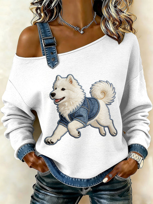 Cão Vintage Patchwork impressão Casual Off-ombro moletom feminino