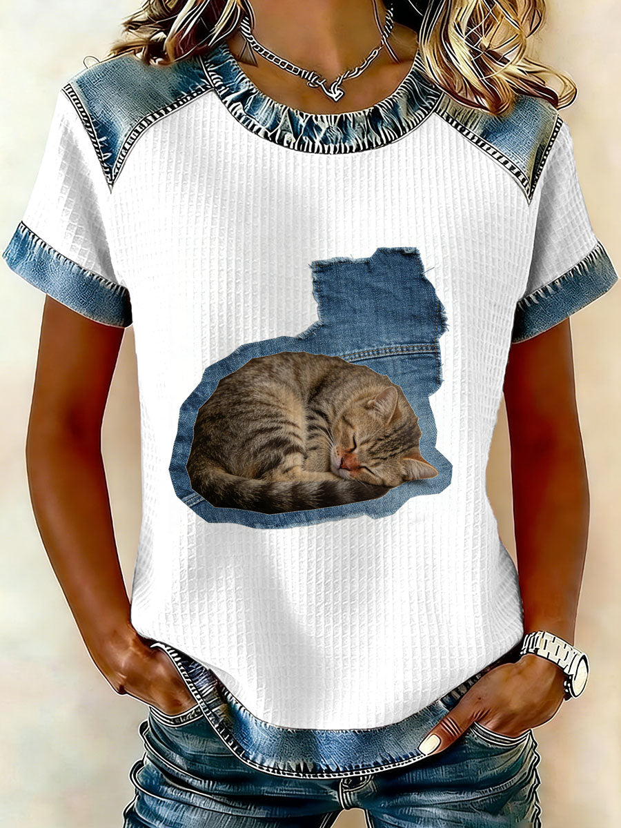 Patchwork de gato Vintage imprimir camiseta Casual feminino