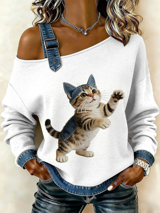 Gato Vintage Patchwork impressão Casual Off-ombro moletom feminino
