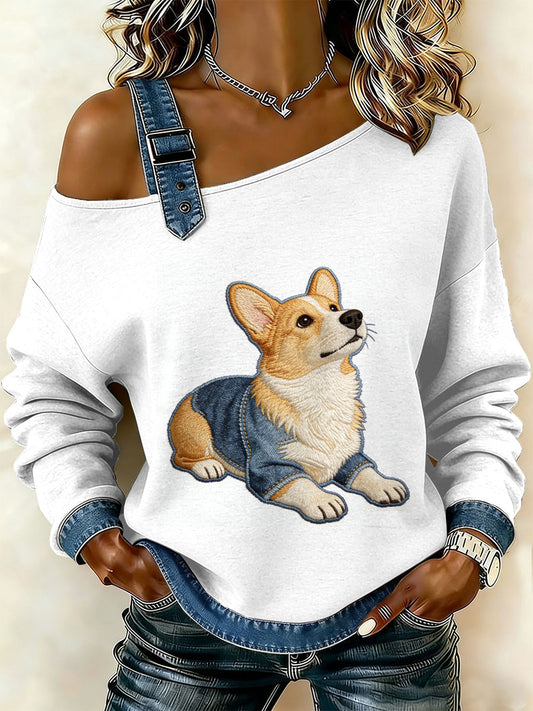 Cão Vintage Patchwork impressão Casual Off-ombro moletom feminino