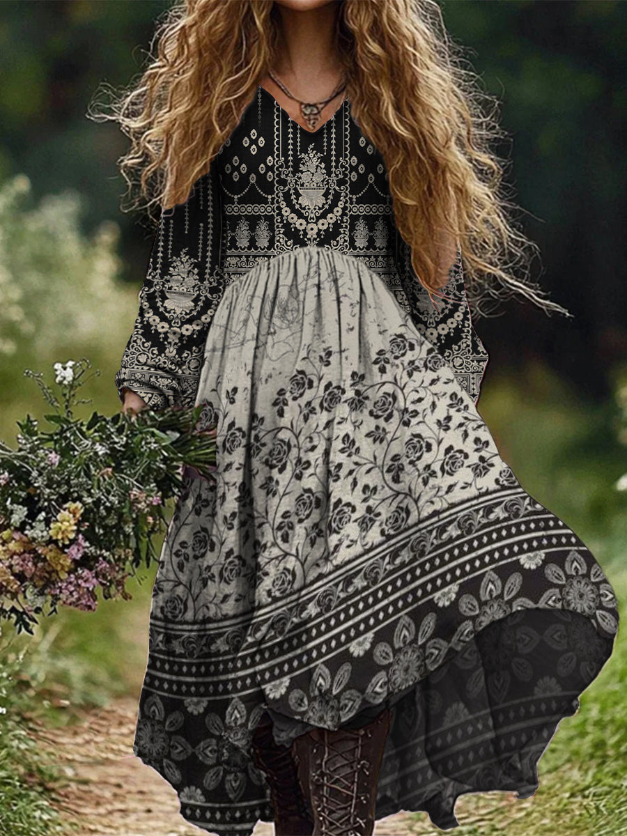 Retro Boho Floral Art Imprimir Vintage Chic V-Neck Long Sleeve Midi Dress