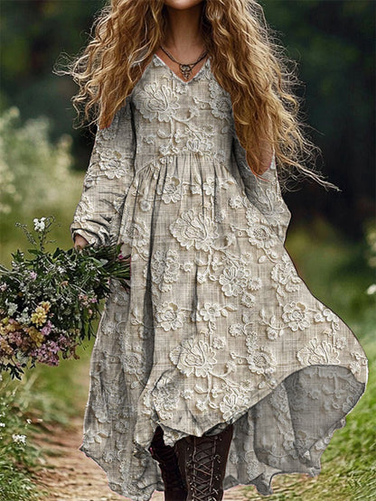 Retro Floral Art Imprimir V-Neck Elegante Chic Loose Long Sleeve Midi Dress