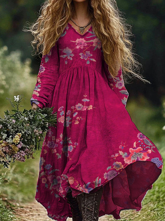 Retro Boho Floral Art Imprimir Vintage Chic V-Neck Long Sleeve Midi Dress