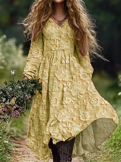 Retro Floral Art Imprimir V-Neck Elegante Chic Loose Long Sleeve Midi Dress