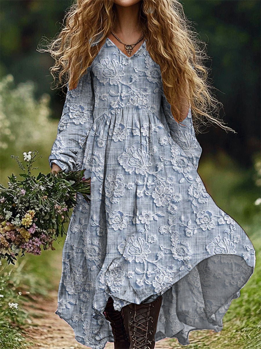 Retro Floral Art Imprimir V-Neck Elegante Chic Loose Long Sleeve Midi Dress