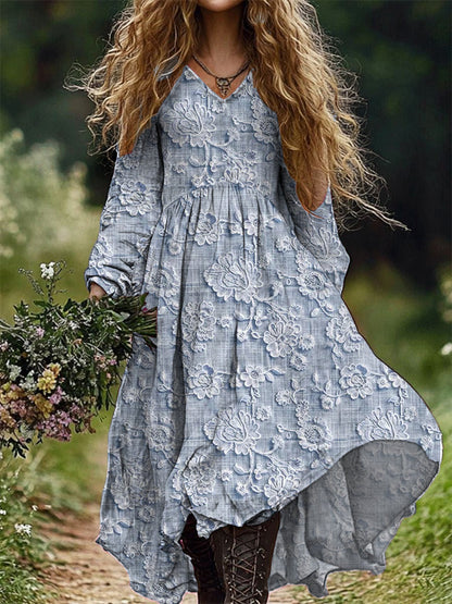 Retro Floral Art Imprimir V-Neck Elegante Chic Loose Long Sleeve Midi Dress