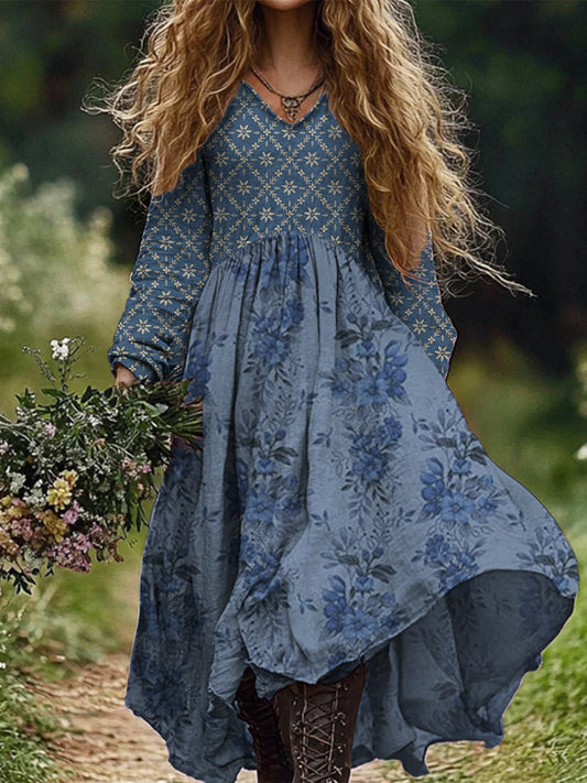 Retro Boho Floral Art Imprimir Vintage Chic V-Neck Long Sleeve Midi Dress