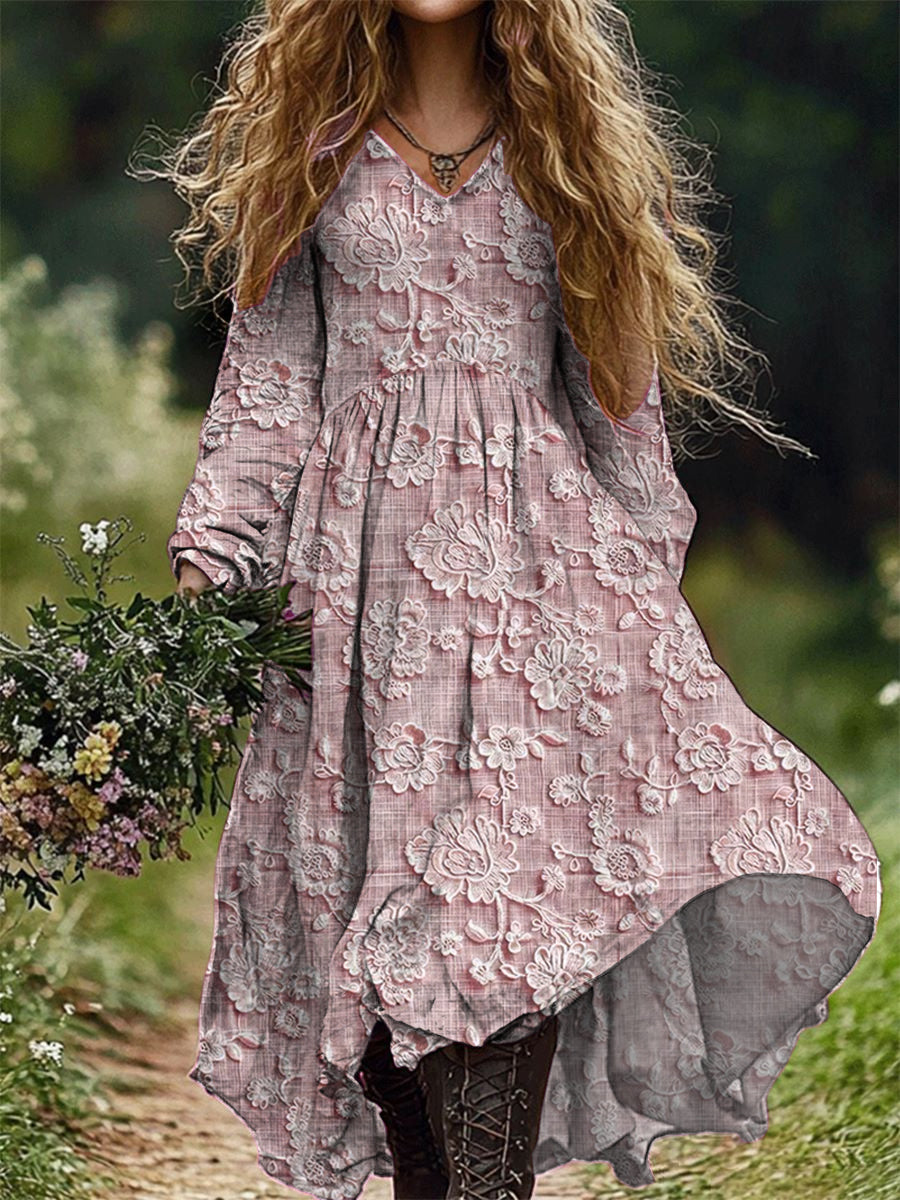 Retro Floral Art Imprimir V-Neck Elegante Chic Loose Long Sleeve Midi Dress