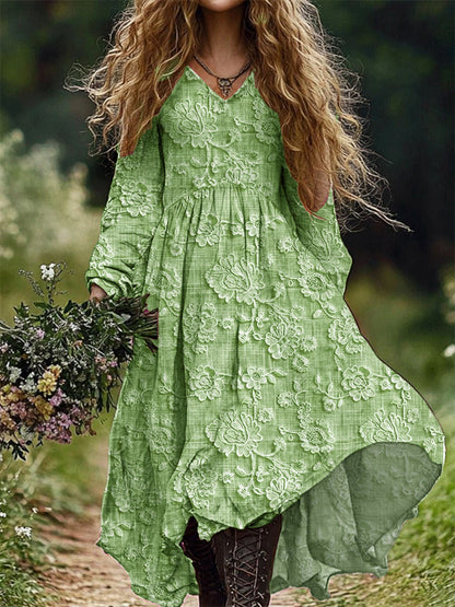 Retro Floral Art Imprimir V-Neck Elegante Chic Loose Long Sleeve Midi Dress