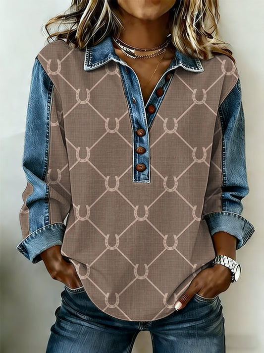 Vintage padrão ocidental Patchwork arte moletom do mulheres