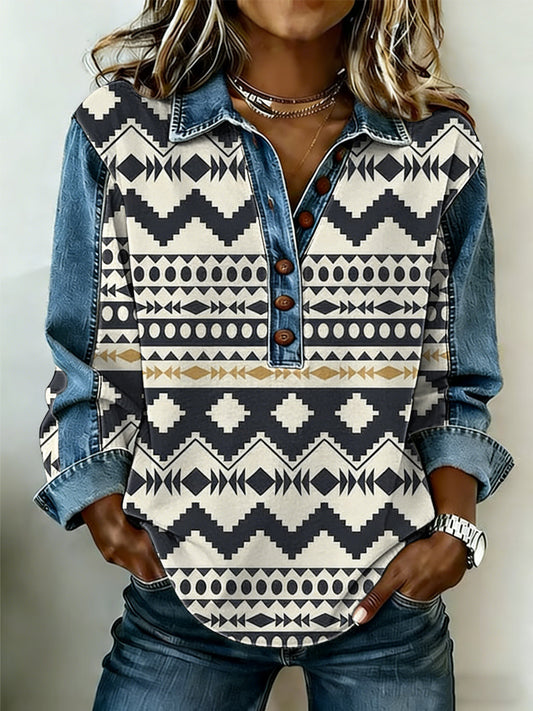 Vintage padrão ocidental Patchwork arte moletom do mulheres