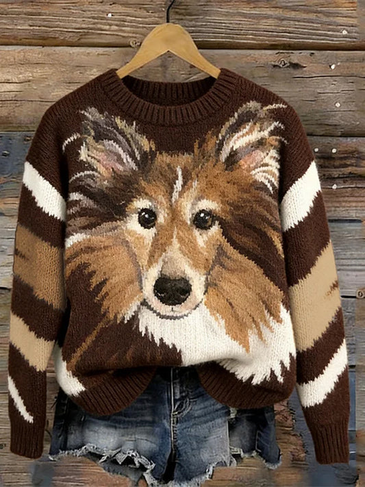 Retro filhote bonito padrão feminino redondo pescoço camisola