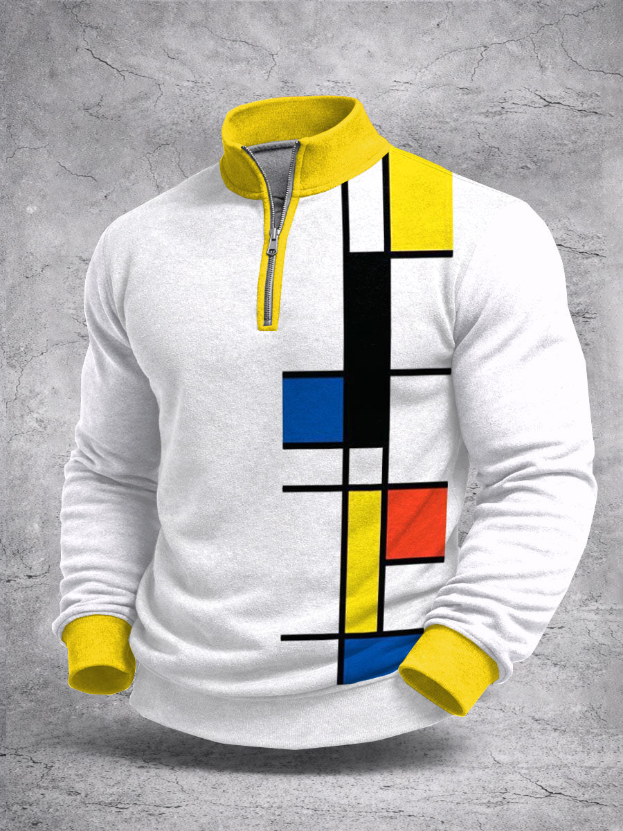 Color Block Imprimir Zip camisola de manga comprida masculina