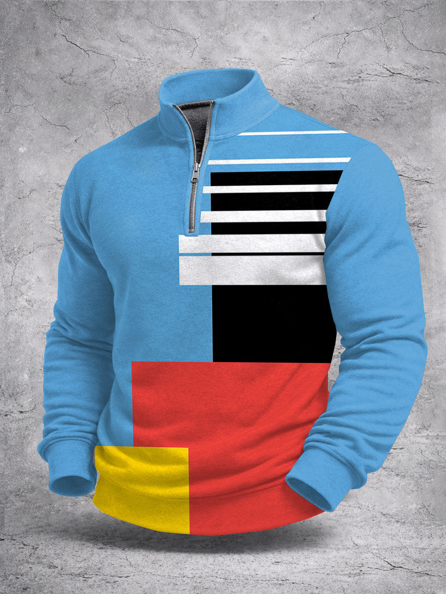 Color Block Imprimir Zip camisola de manga comprida masculina