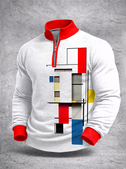 Color Block Imprimir Zip camisola de manga comprida masculina