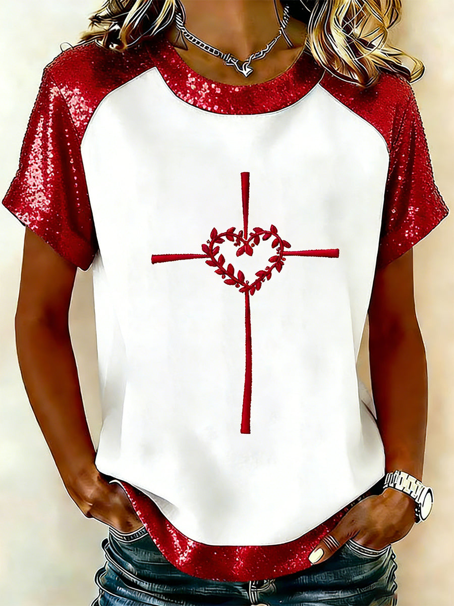 Dia dos Namorados das mulheres fé cruz amor coração impressão manga curta t-shirt