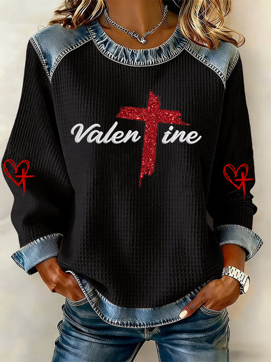 Dia dos namorados das mulheres fé Cruz impressão Denim Patchwork Top