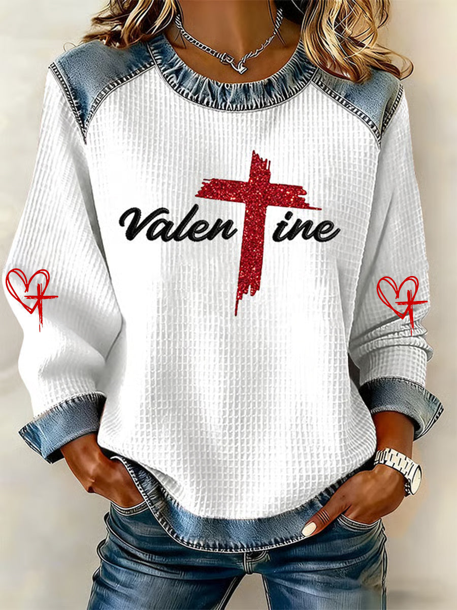 Dia dos namorados das mulheres fé Cruz impressão Denim Patchwork Top