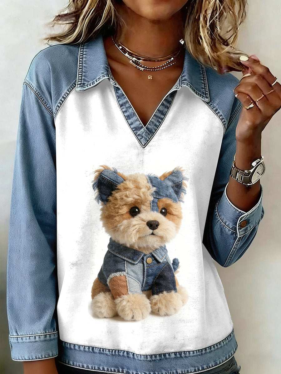 Vintage cão Patchwork impressão Casual moletom do mulheres