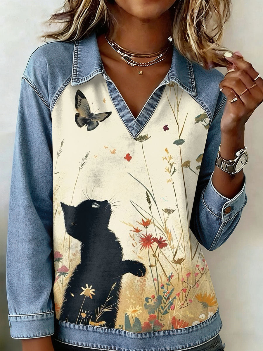 Gato Vintage Patchwork impressão Casual moletom do mulheres