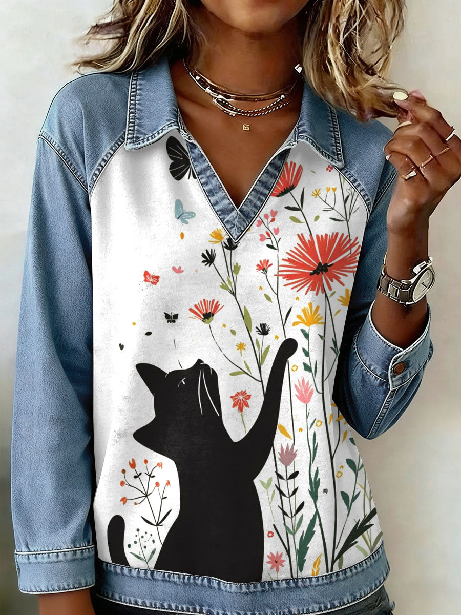 Gato Vintage Patchwork impressão Casual moletom do mulheres