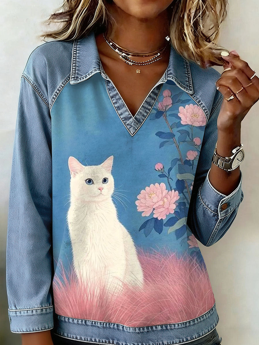 Gato Vintage Patchwork impressão Casual moletom do mulheres