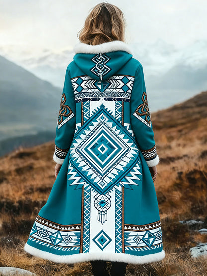 Vintage asteca padrão confortável casaco longo espessado do mulheres