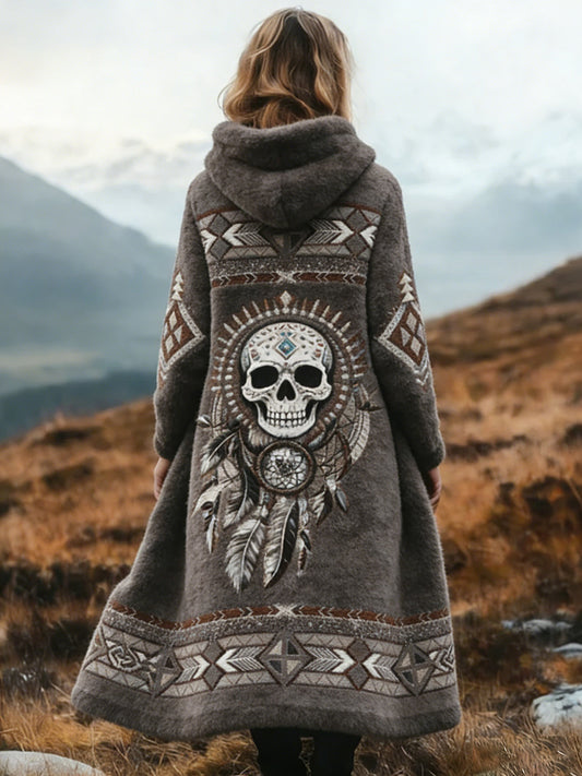 Vintage asteca padrão confortável casaco longo espessado do mulheres