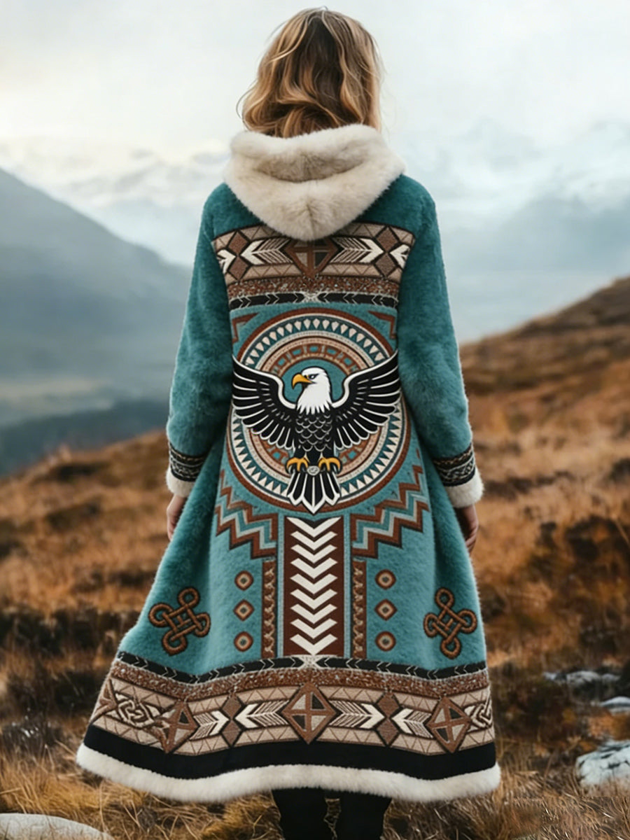 Vintage asteca padrão confortável casaco longo espessado do mulheres
