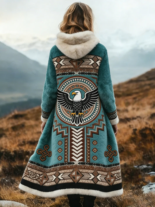 Vintage asteca padrão confortável casaco longo espessado do mulheres