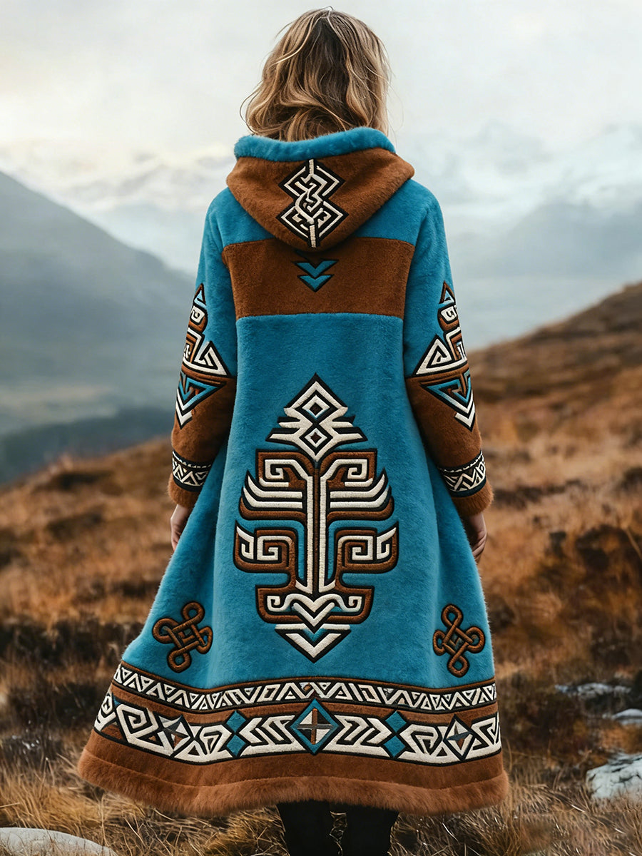Vintage asteca padrão confortável casaco longo espessado do mulheres