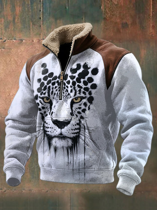 Leopard Print Cinza-Branco Inverno Patchwork camisola dos homens