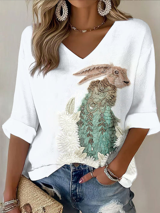 Coelho dos desenhos animados feminino Imprimir Branco Moda V-Neck Top