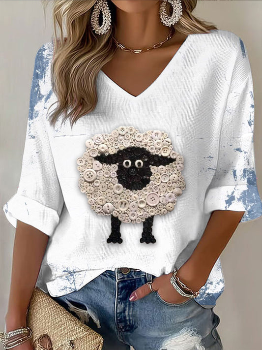 Botão-frente ovelhas impressão branco moda V-Neck Top feminino