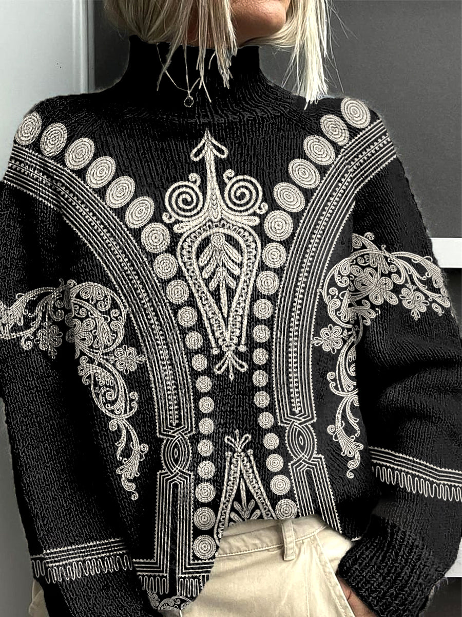 Floral Paisley impressão preto moda gola alta camisola do mulheres