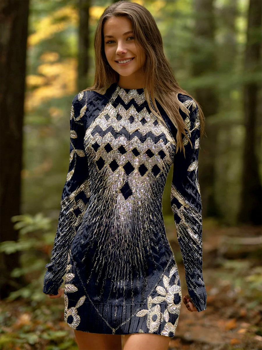 Vestido de manga comprida feminino Floral Glitter impressão preto moda
