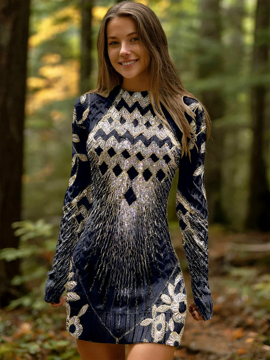 Vestido de manga comprida feminino Floral Glitter impressão preto moda