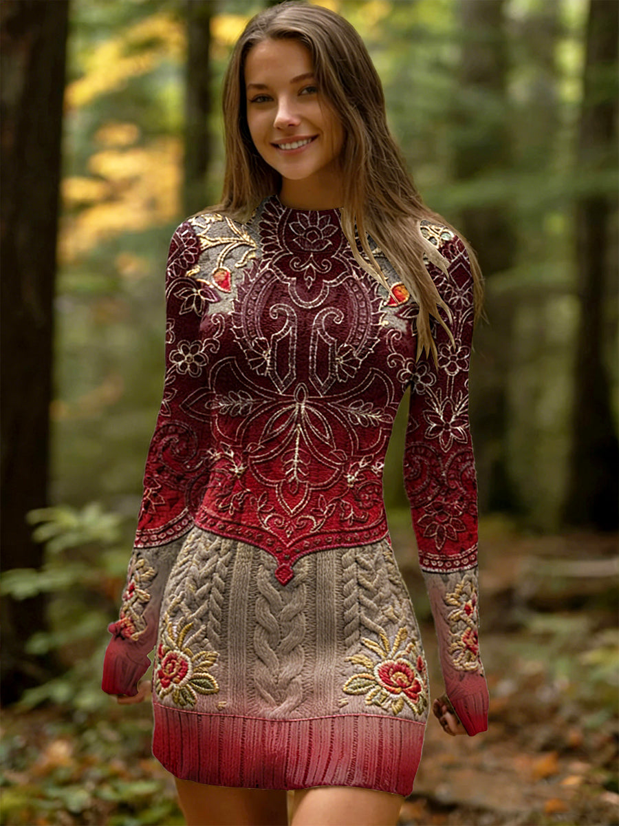 Floral gradiente patchwork feminino imprimir vestido de manga comprida vermelho Casual