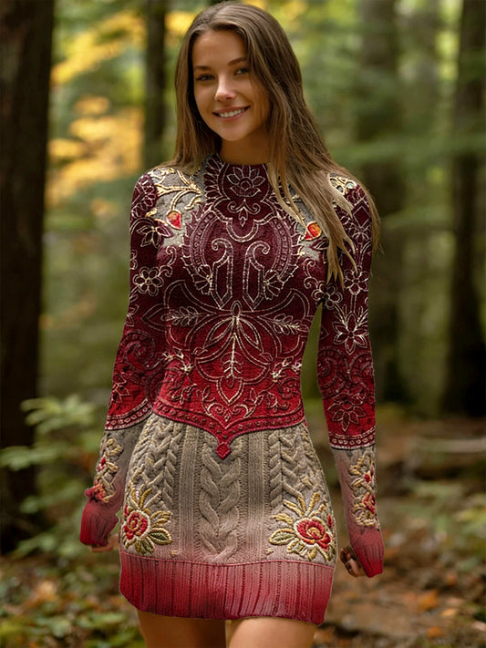 Floral gradiente patchwork feminino imprimir vestido de manga comprida vermelho Casual