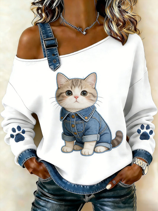 Animal bonito impressão Denim Patchwork Top confortável das mulheres